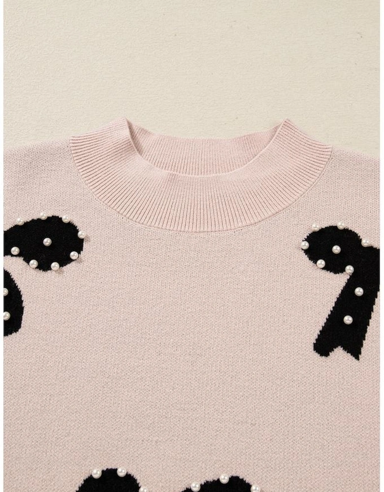 Smoke Gray Pearl Embellished Bow Pattern Loose Sweater