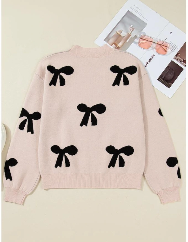 Smoke Gray Pearl Embellished Bow Pattern Loose Sweater