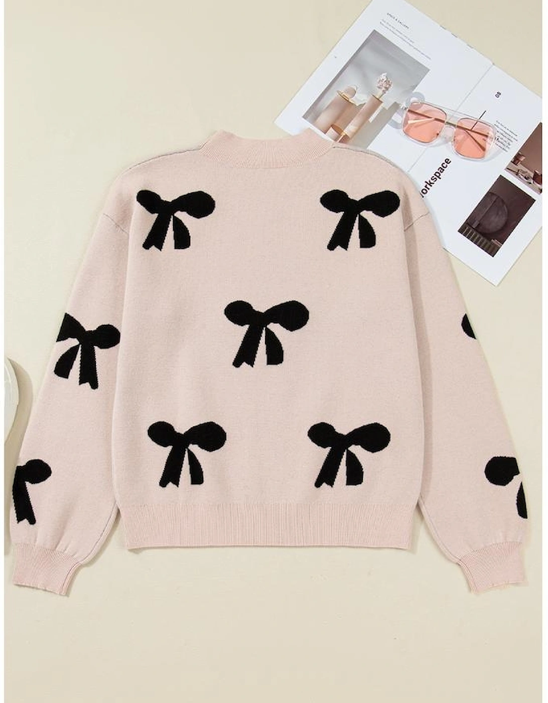 Smoke Gray Pearl Embellished Bow Pattern Loose Sweater