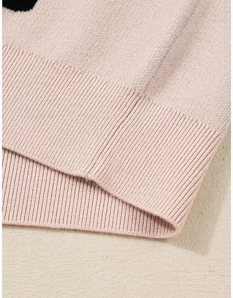 Smoke Gray Pearl Embellished Bow Pattern Loose Sweater