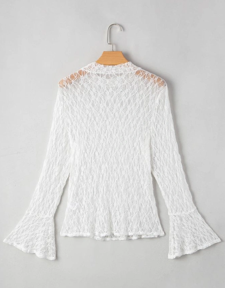 White Sheer Lace Bell Sleeve Mock Neck Blouse