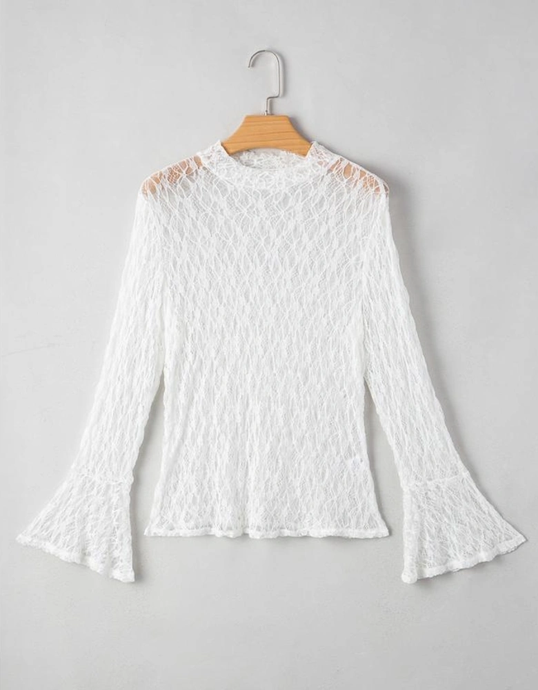 White Sheer Lace Bell Sleeve Mock Neck Blouse