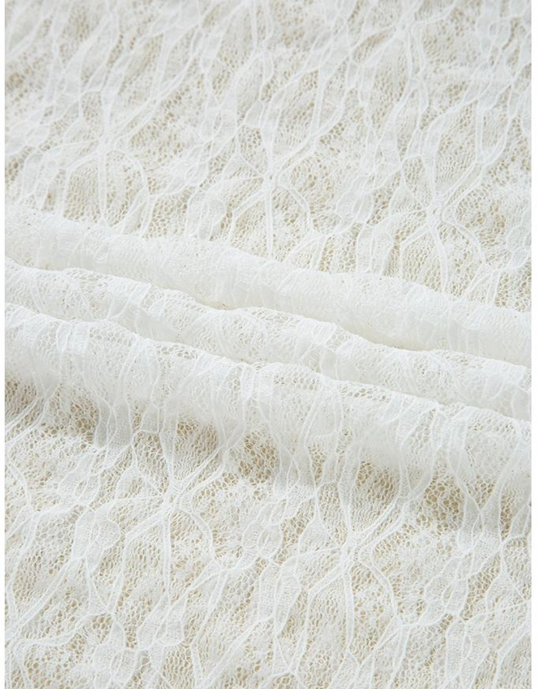 White Sheer Lace Bell Sleeve Mock Neck Blouse