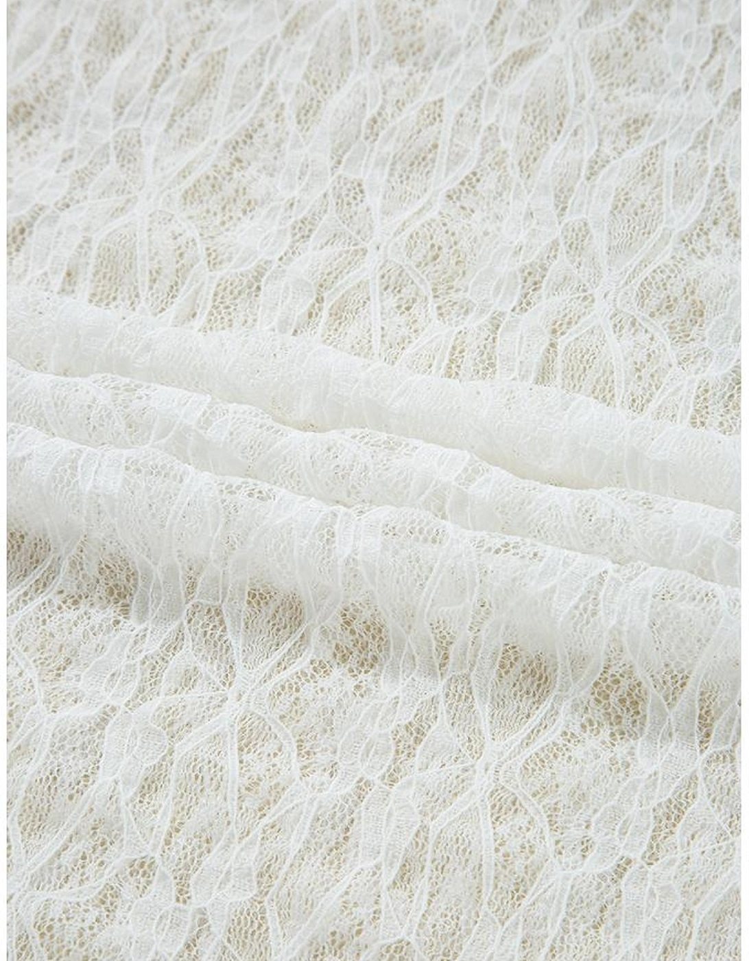 White Sheer Lace Bell Sleeve Mock Neck Blouse