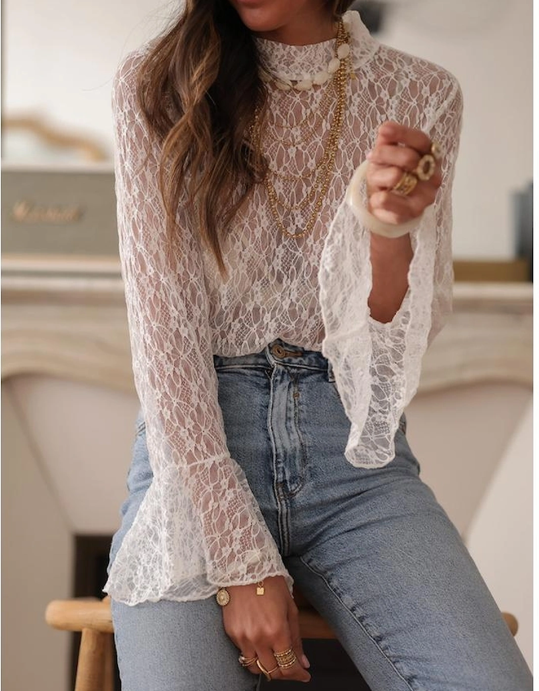 White Sheer Lace Bell Sleeve Mock Neck Blouse, 11 of 10