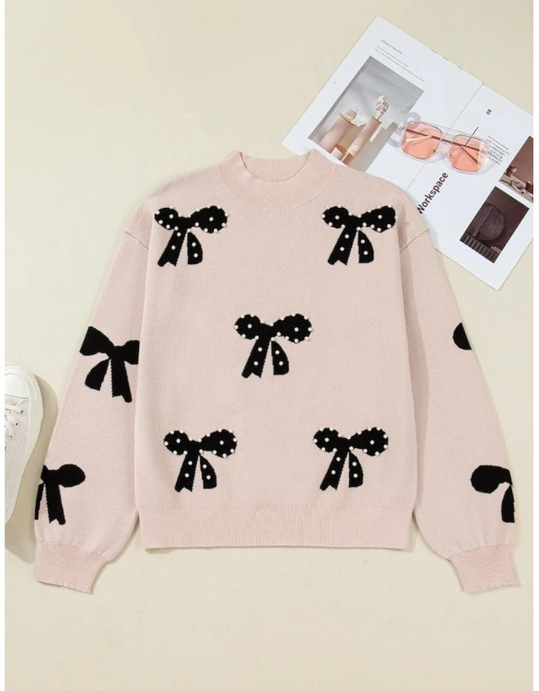 Smoke Gray Pearl Embellished Bow Pattern Loose Sweater