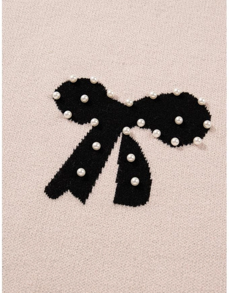 Smoke Gray Pearl Embellished Bow Pattern Loose Sweater