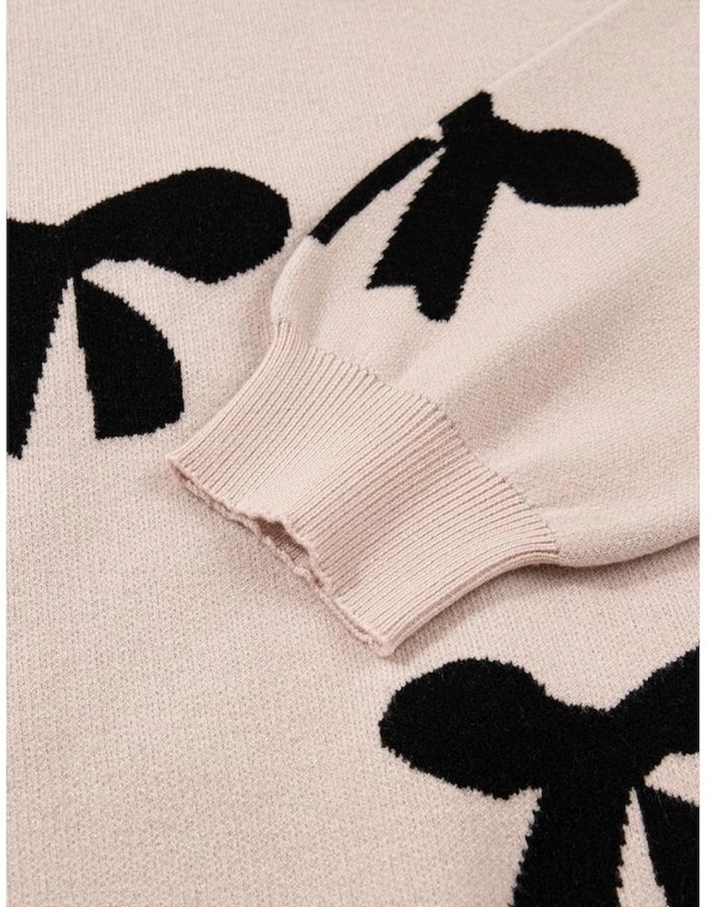 Smoke Gray Pearl Embellished Bow Pattern Loose Sweater