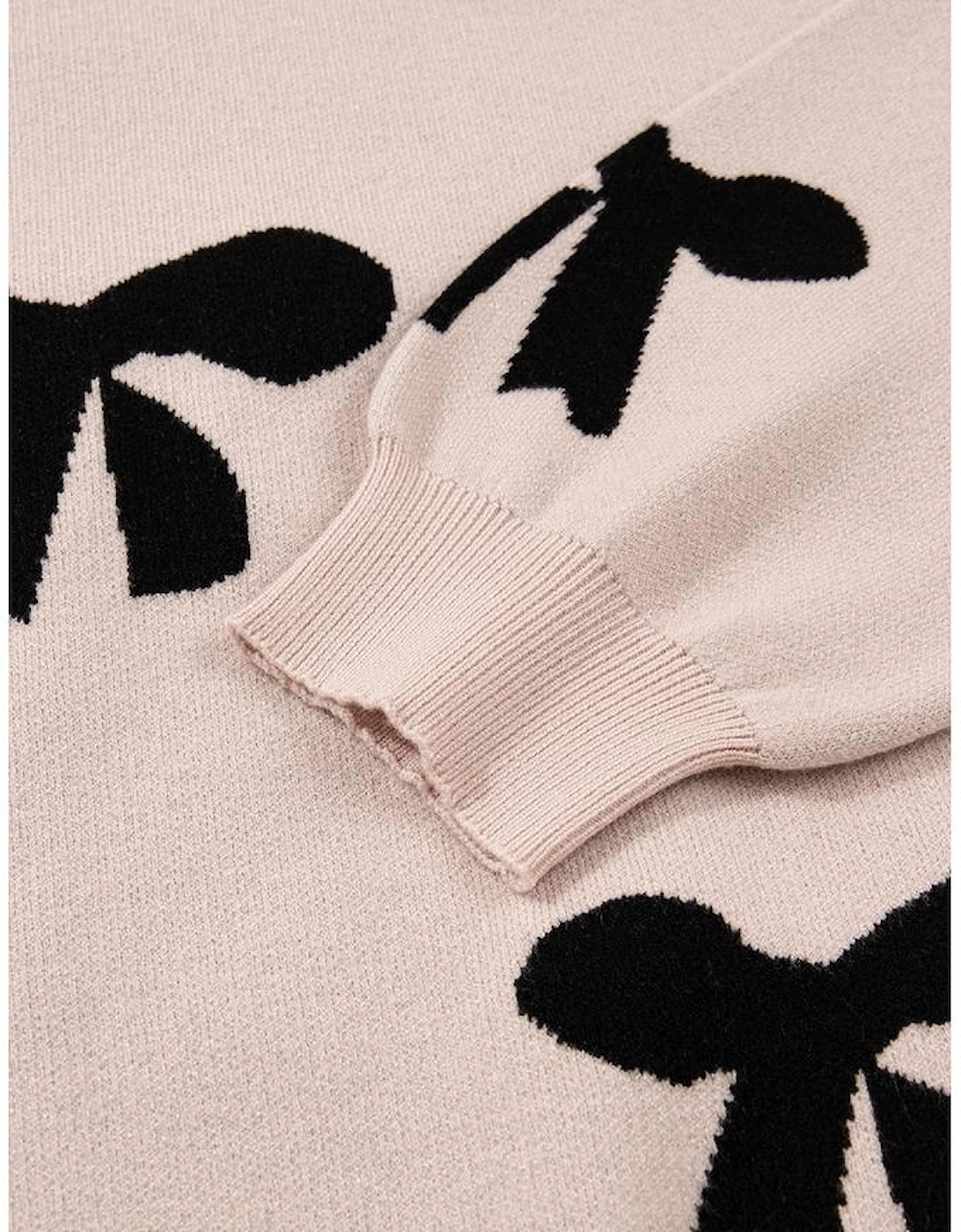 Smoke Gray Pearl Embellished Bow Pattern Loose Sweater