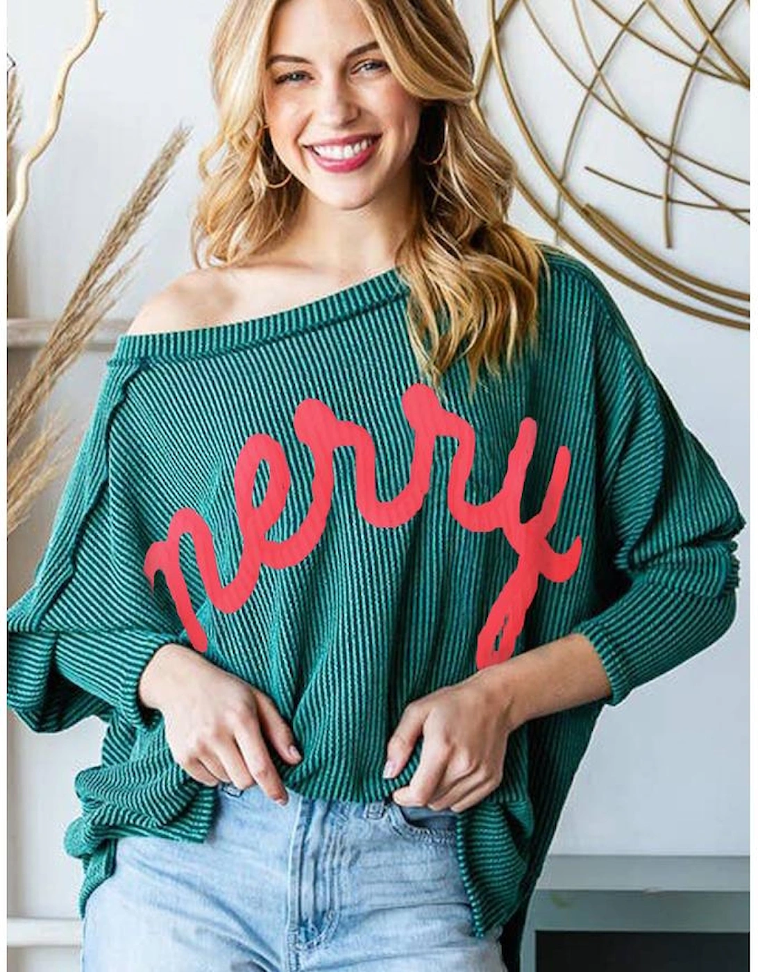 Skobeloff Merry Graphic Corded Batwing Sleeve Knit Top