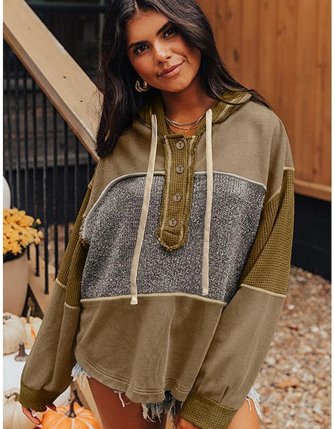Jungle Green Mixed Texture Patchwork Exposed Seam Half Button Pullover Hooded Sweatshirt