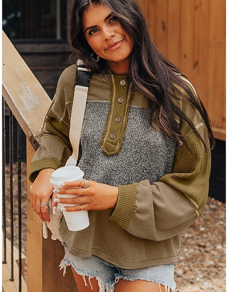 Jungle Green Mixed Texture Patchwork Exposed Seam Half Button Pullover Hooded Sweatshirt