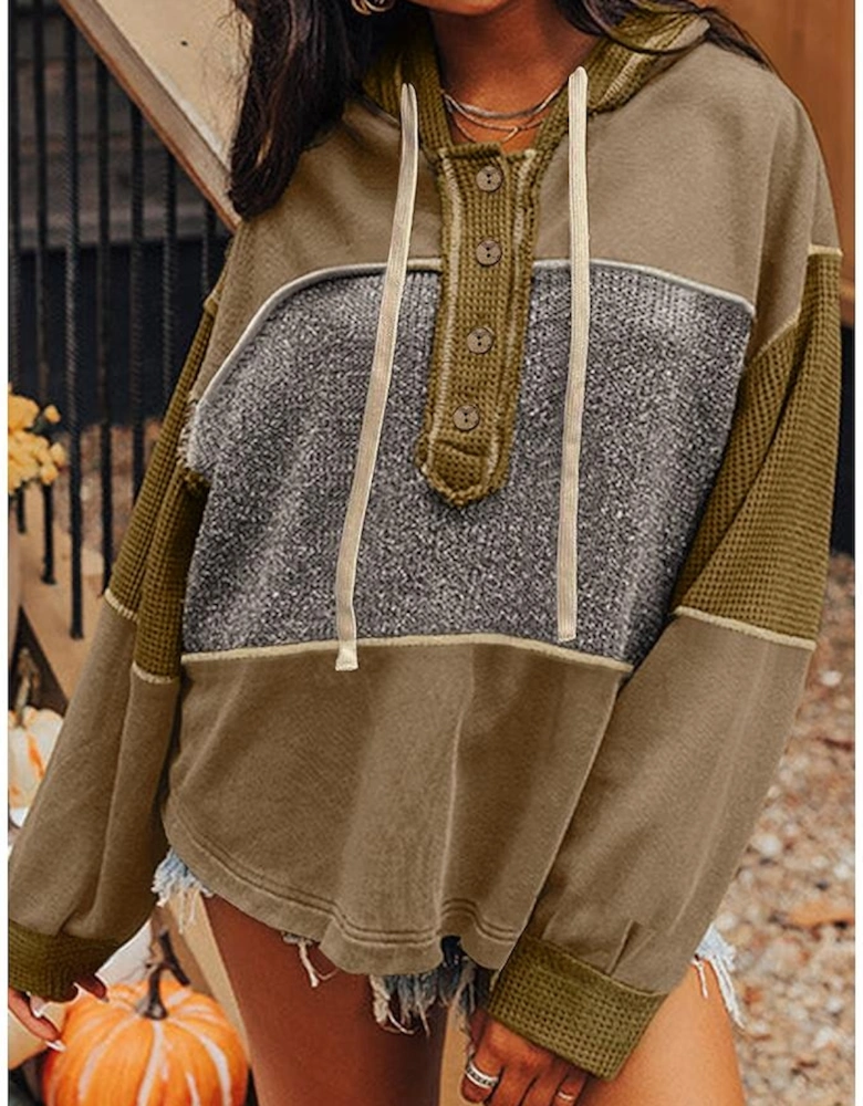 Jungle Green Mixed Texture Patchwork Exposed Seam Half Button Pullover Hooded Sweatshirt