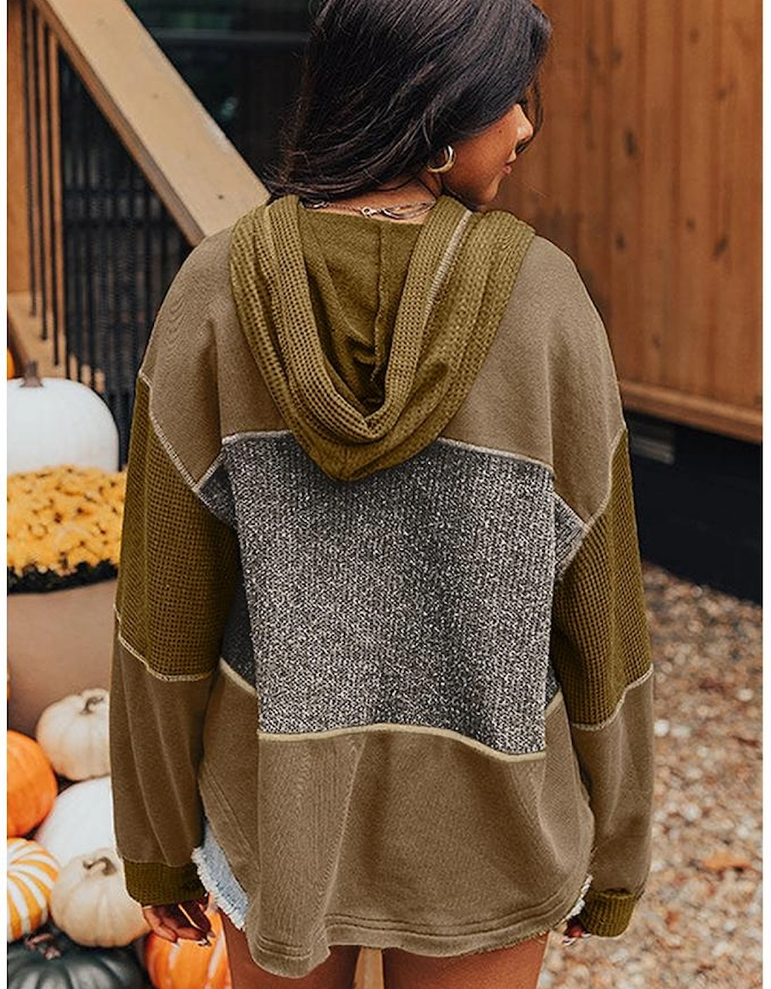 Jungle Green Mixed Texture Patchwork Exposed Seam Half Button Pullover Hooded Sweatshirt, 14 of 13