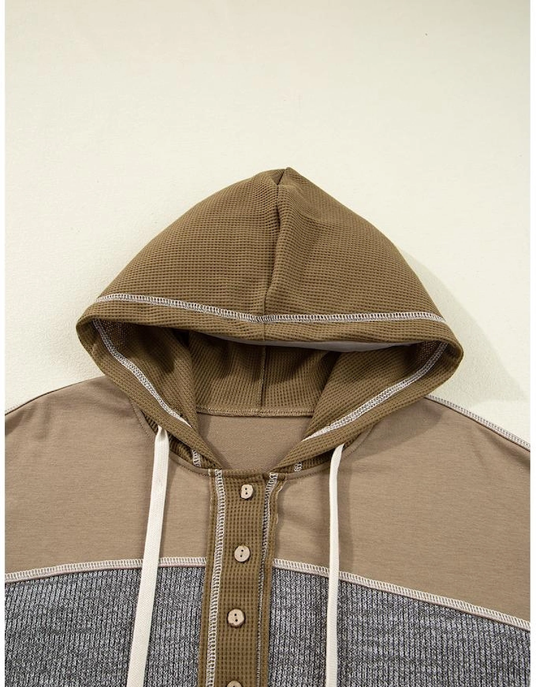 Jungle Green Mixed Texture Patchwork Exposed Seam Half Button Pullover Hooded Sweatshirt