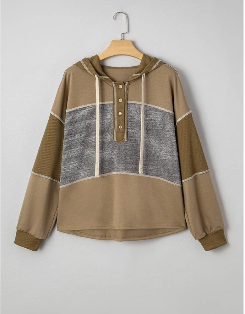 Jungle Green Mixed Texture Patchwork Exposed Seam Half Button Pullover Hooded Sweatshirt