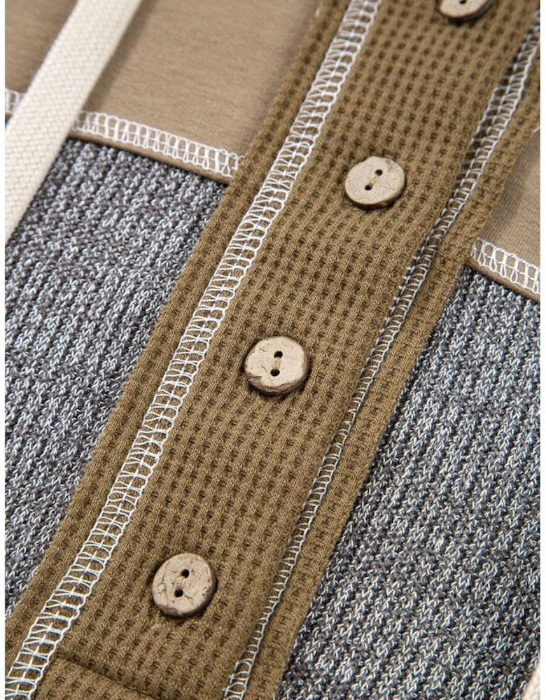 Jungle Green Mixed Texture Patchwork Exposed Seam Half Button Pullover Hooded Sweatshirt