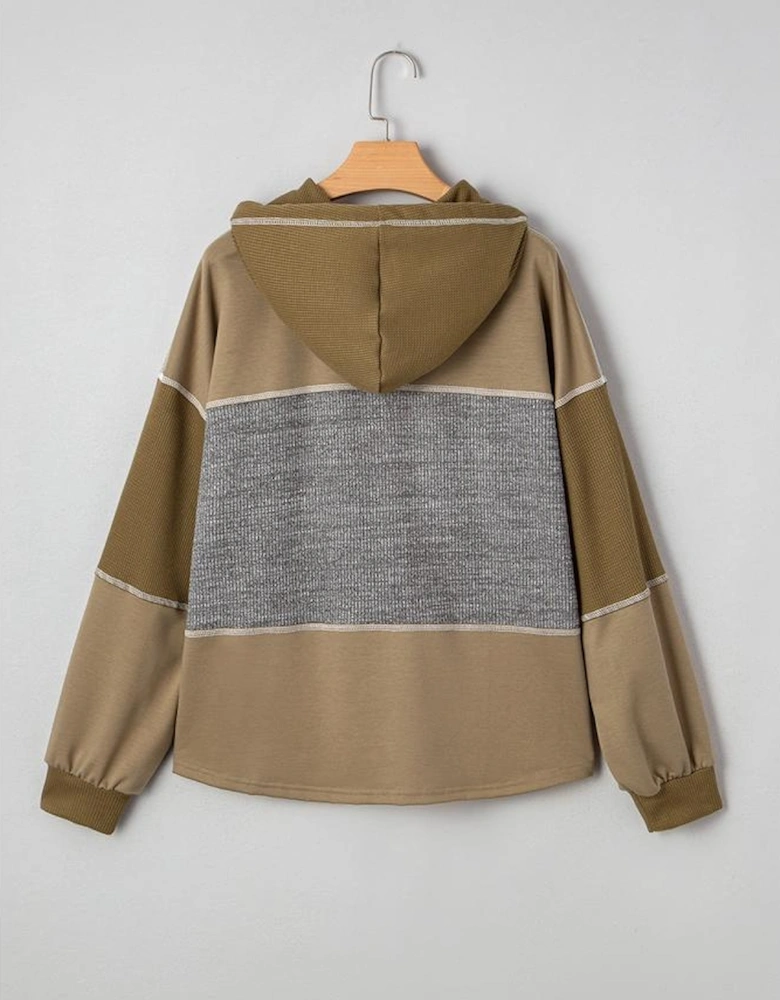 Jungle Green Mixed Texture Patchwork Exposed Seam Half Button Pullover Hooded Sweatshirt