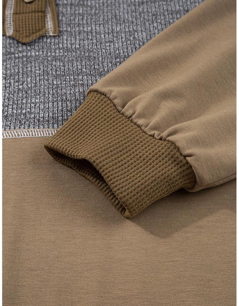 Jungle Green Mixed Texture Patchwork Exposed Seam Half Button Pullover Hooded Sweatshirt