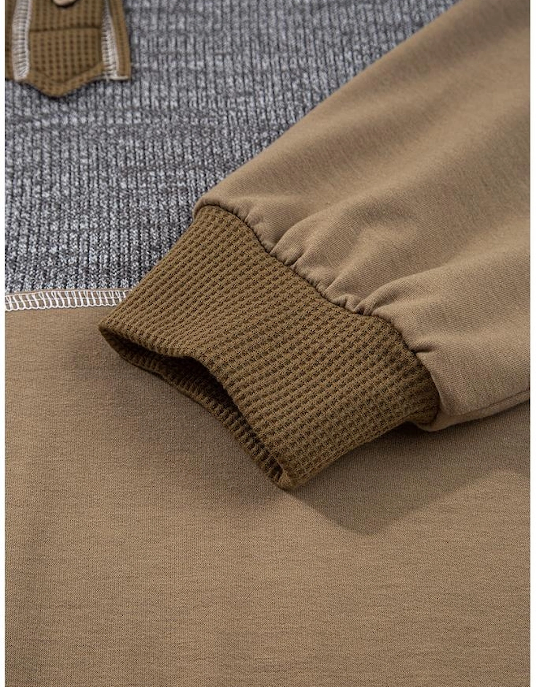 Jungle Green Mixed Texture Patchwork Exposed Seam Half Button Pullover Hooded Sweatshirt