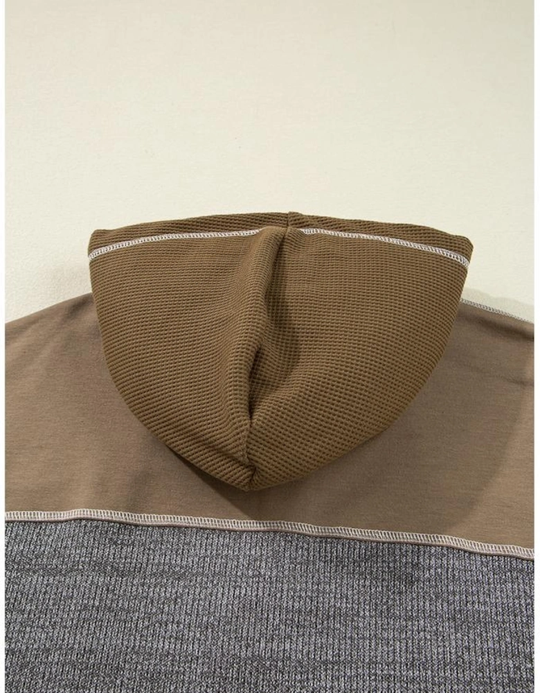 Jungle Green Mixed Texture Patchwork Exposed Seam Half Button Pullover Hooded Sweatshirt