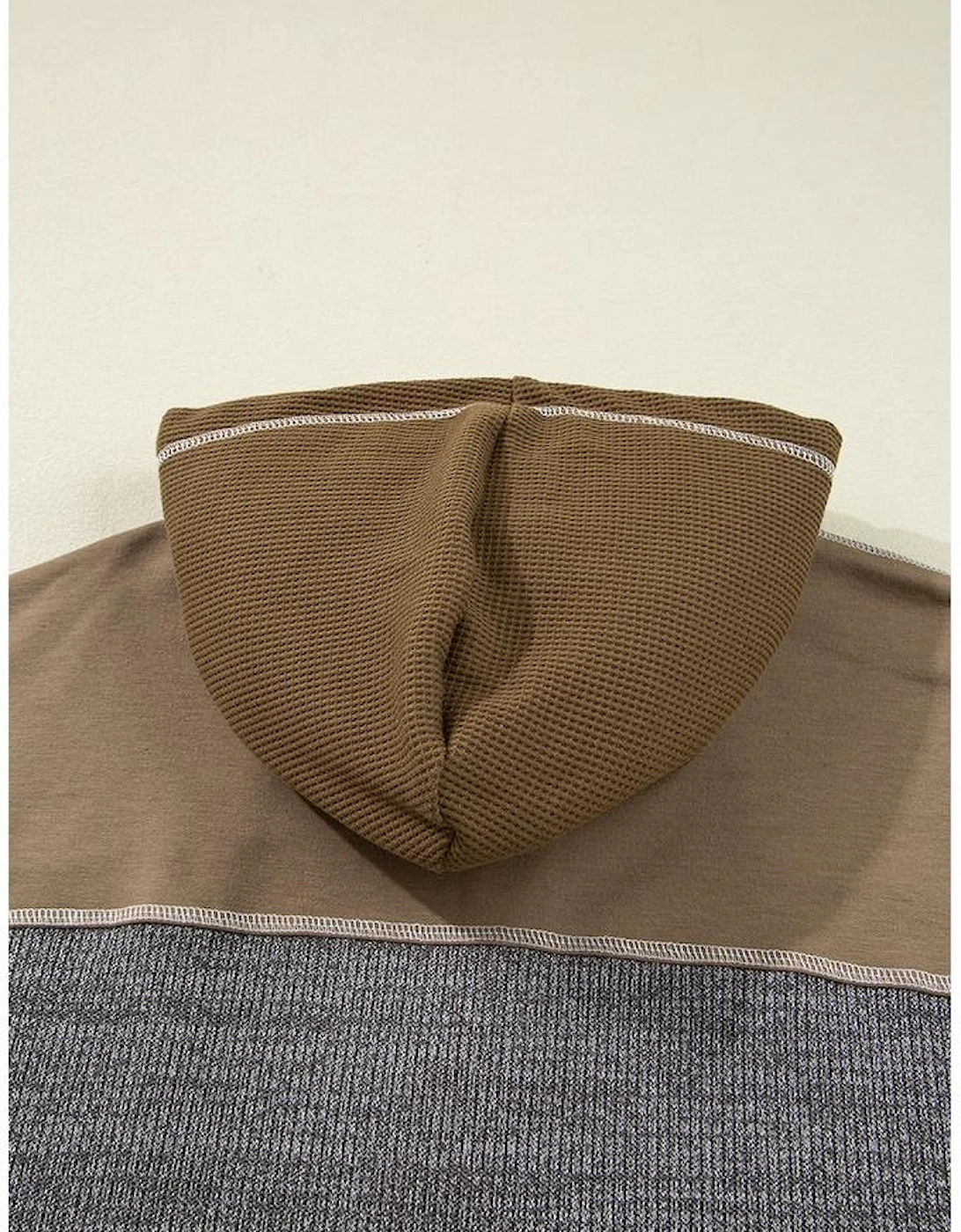 Jungle Green Mixed Texture Patchwork Exposed Seam Half Button Pullover Hooded Sweatshirt