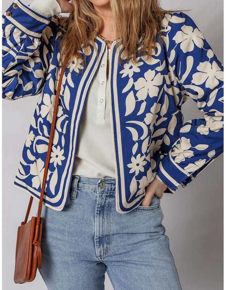 Blue Flower Print Open Front Buttoned Cuffs Elegant Jacket