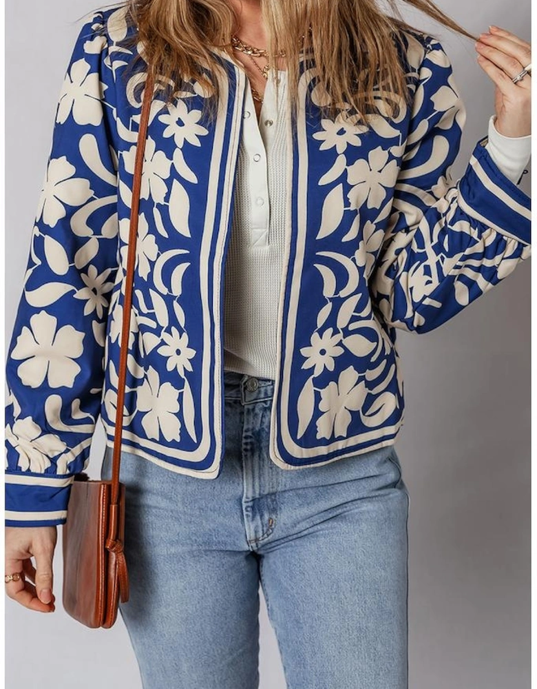 Blue Flower Print Open Front Buttoned Cuffs Elegant Jacket