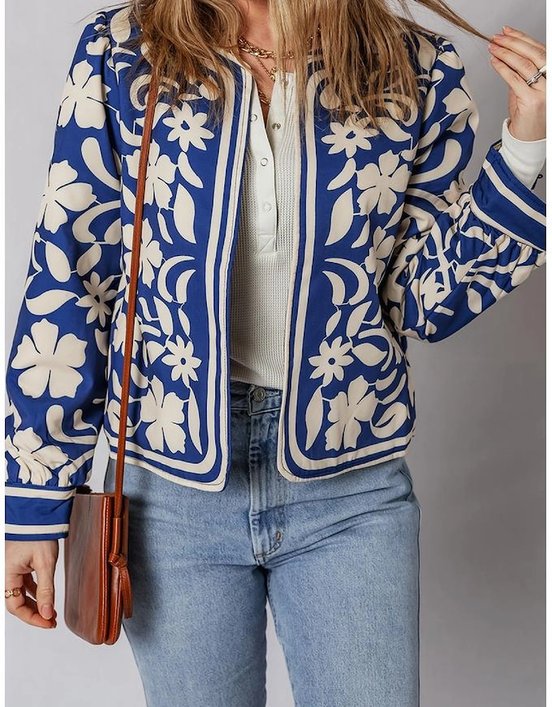 Blue Flower Print Open Front Buttoned Cuffs Elegant Jacket