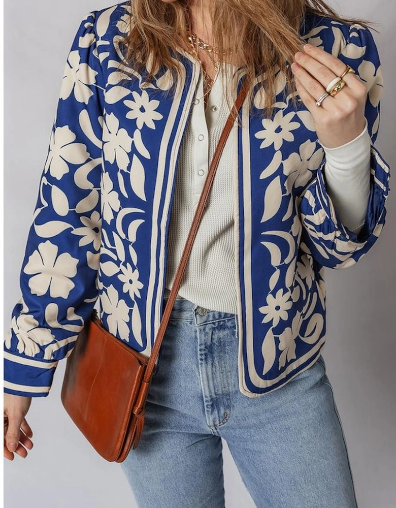 Blue Flower Print Open Front Buttoned Cuffs Elegant Jacket