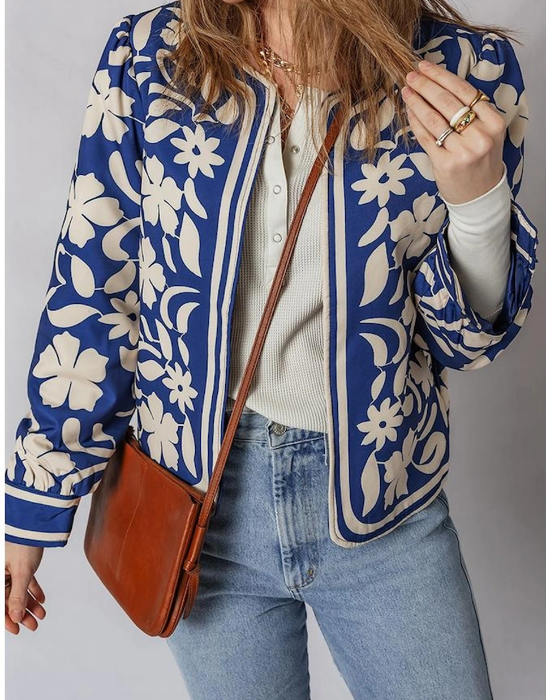 Blue Flower Print Open Front Buttoned Cuffs Elegant Jacket