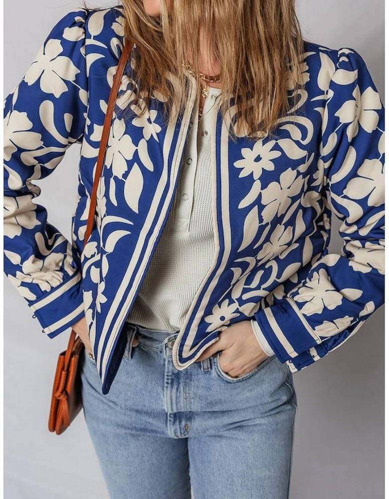 Blue Flower Print Open Front Buttoned Cuffs Elegant Jacket