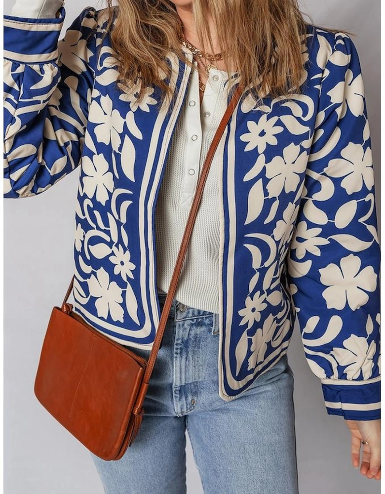 Blue Flower Print Open Front Buttoned Cuffs Elegant Jacket