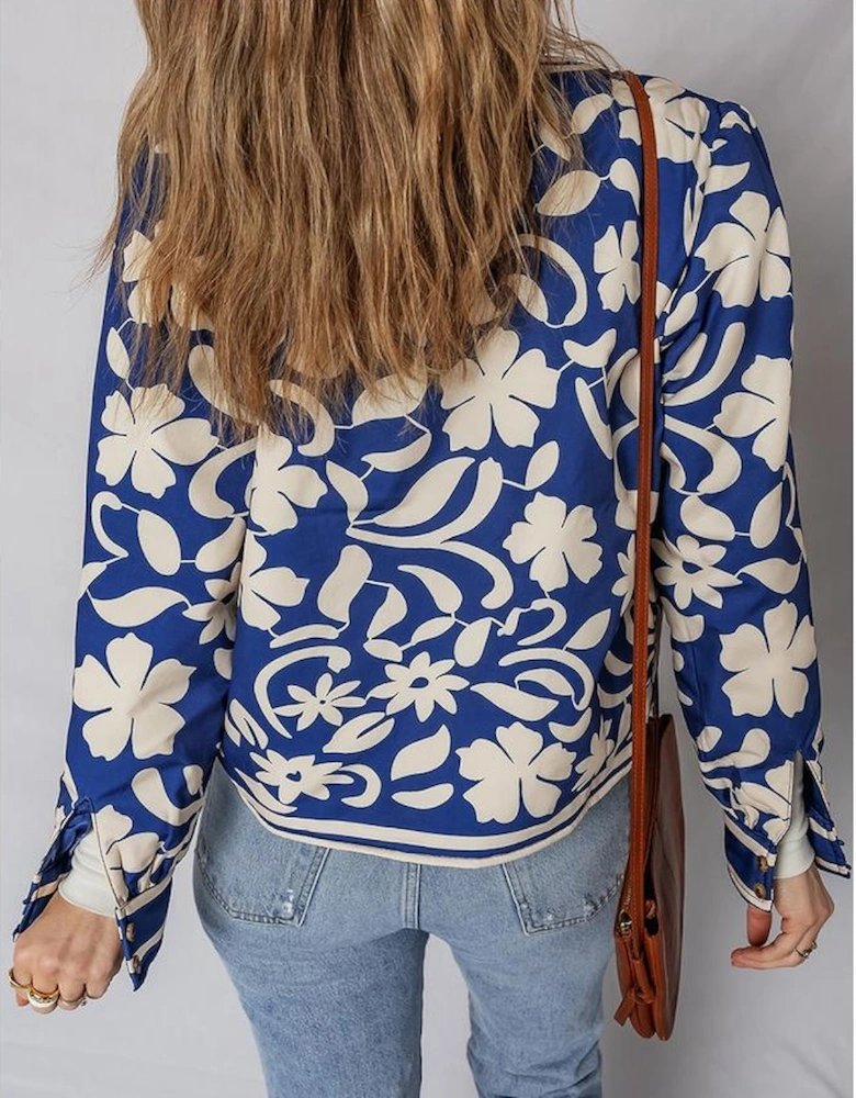 Blue Flower Print Open Front Buttoned Cuffs Elegant Jacket