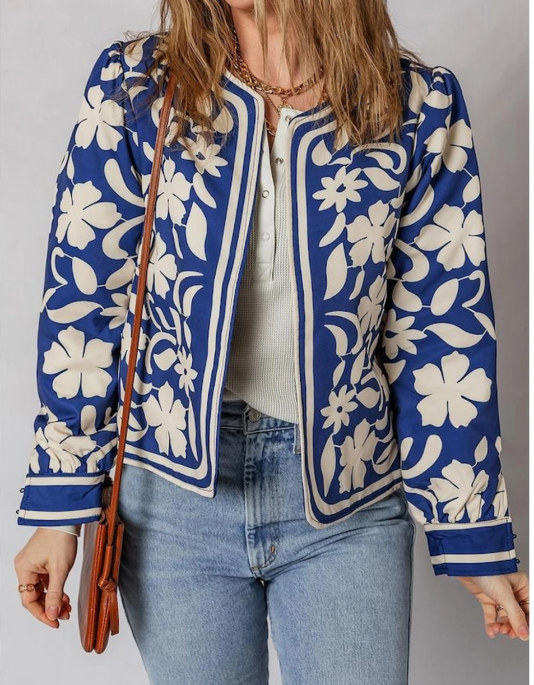 Blue Flower Print Open Front Buttoned Cuffs Elegant Jacket