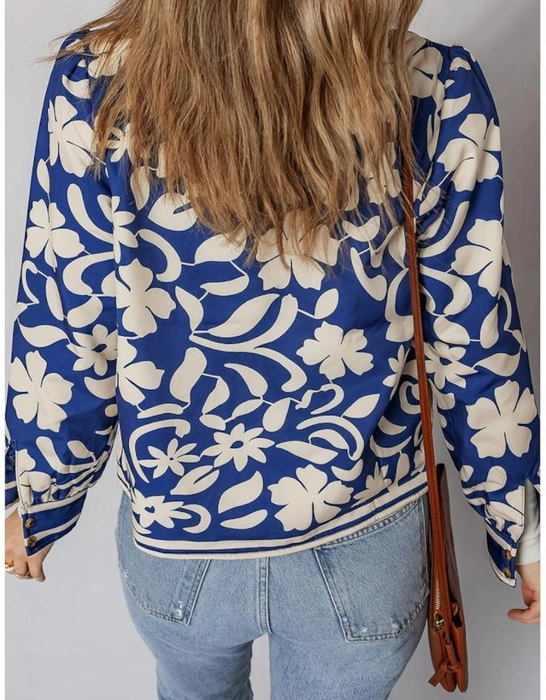 Blue Flower Print Open Front Buttoned Cuffs Elegant Jacket
