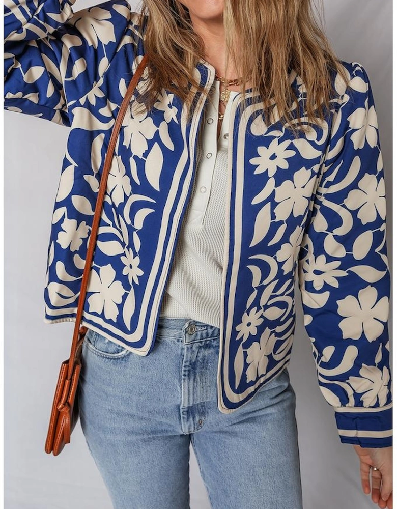 Blue Flower Print Open Front Buttoned Cuffs Elegant Jacket