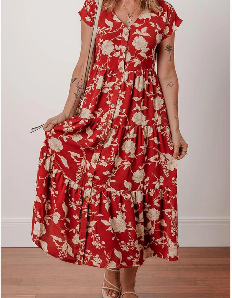 Red Floral Print Buttoned Front V Neck Tiered Short Sleeve Midi Dress