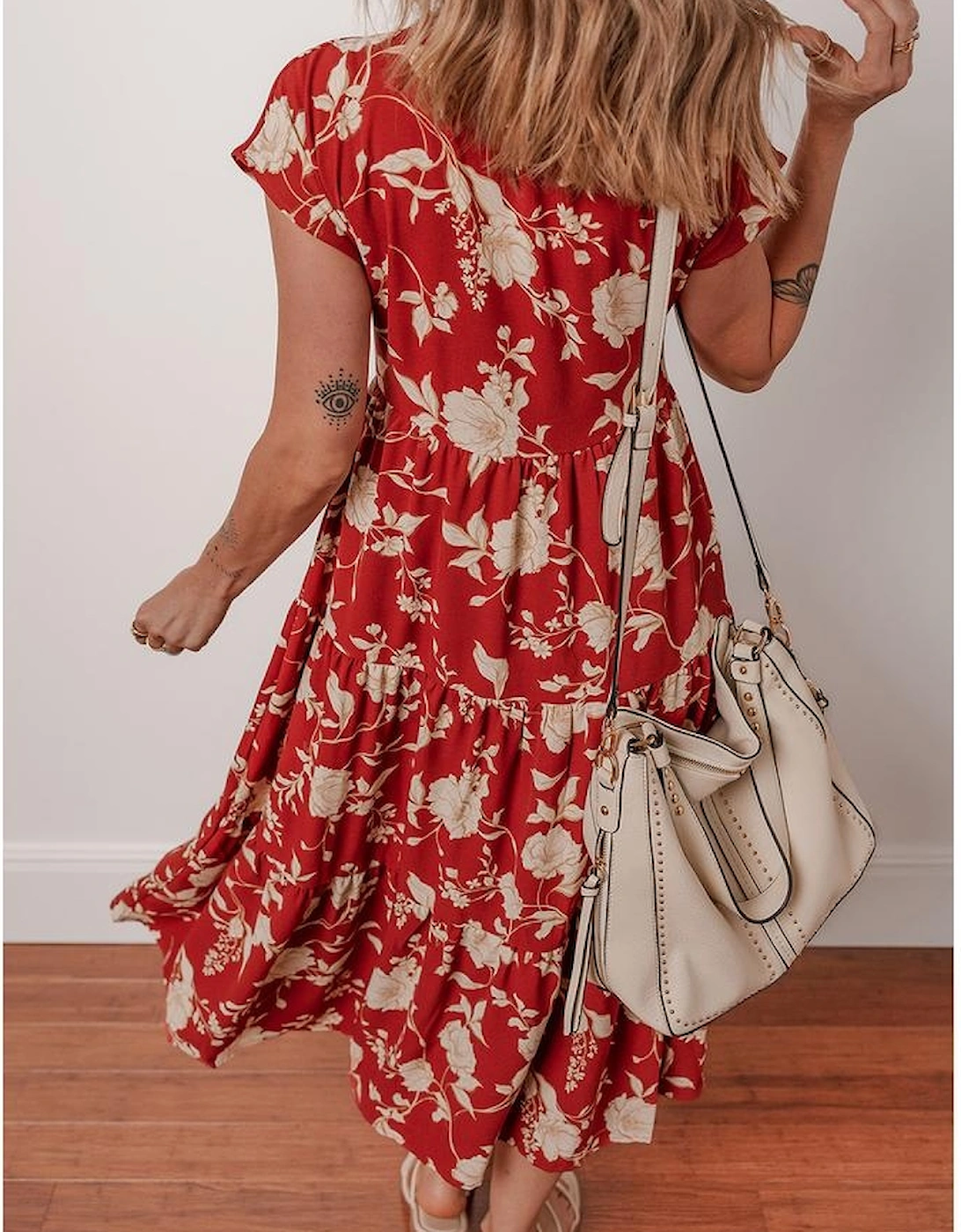 Red Floral Print Buttoned Front V Neck Tiered Short Sleeve Midi Dress
