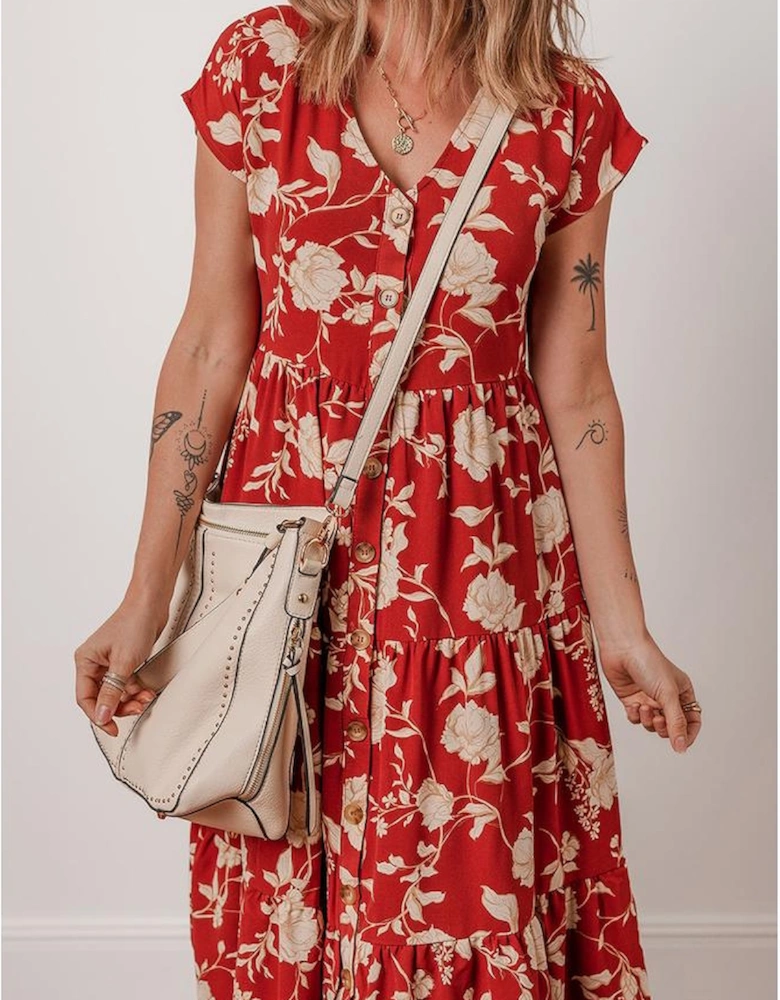 Red Floral Print Buttoned Front V Neck Tiered Short Sleeve Midi Dress