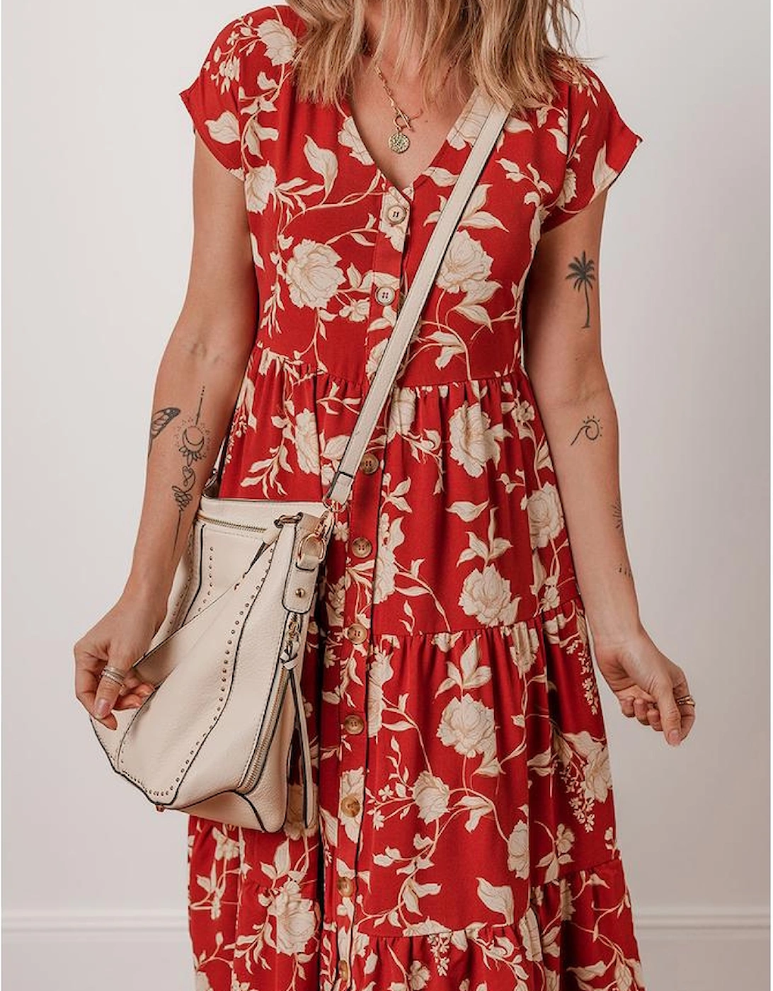 Red Floral Print Buttoned Front V Neck Tiered Short Sleeve Midi Dress, 16 of 15