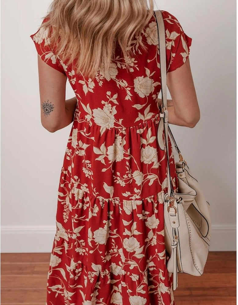 Red Floral Print Buttoned Front V Neck Tiered Short Sleeve Midi Dress