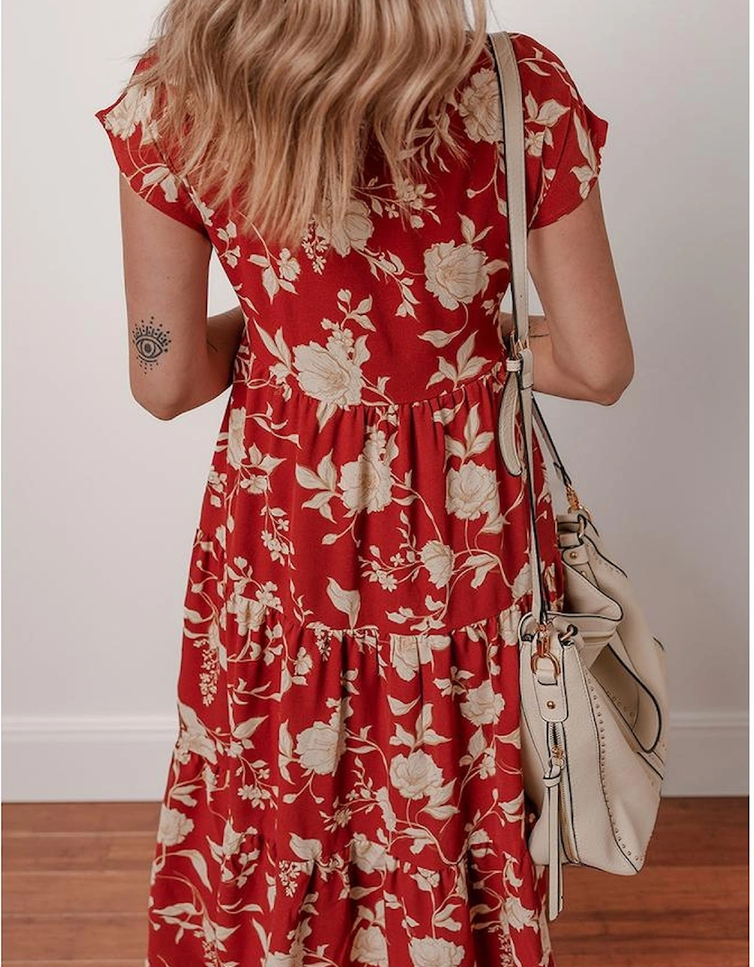 Red Floral Print Buttoned Front V Neck Tiered Short Sleeve Midi Dress