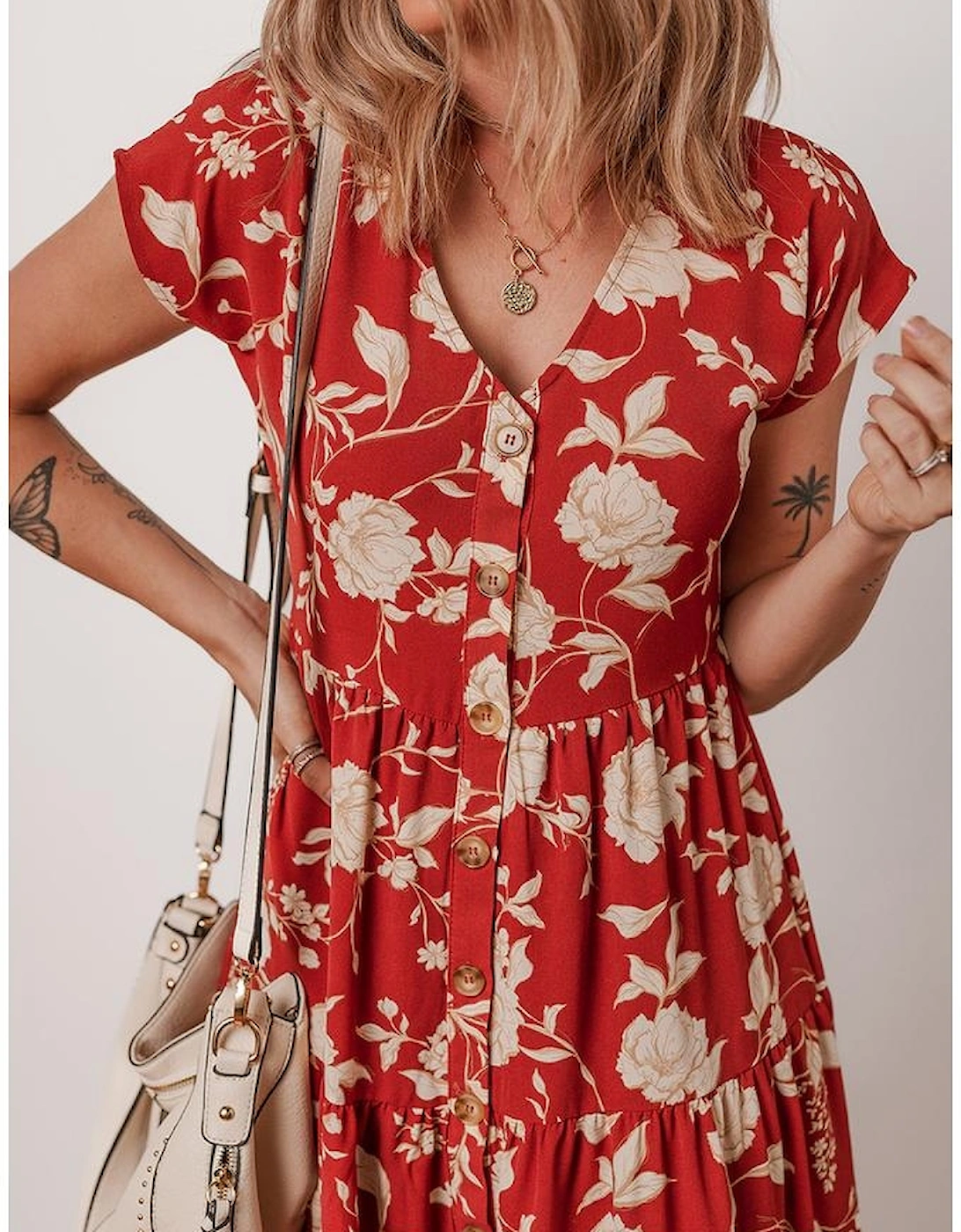 Red Floral Print Buttoned Front V Neck Tiered Short Sleeve Midi Dress