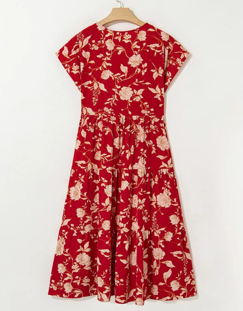 Red Floral Print Buttoned Front V Neck Tiered Short Sleeve Midi Dress