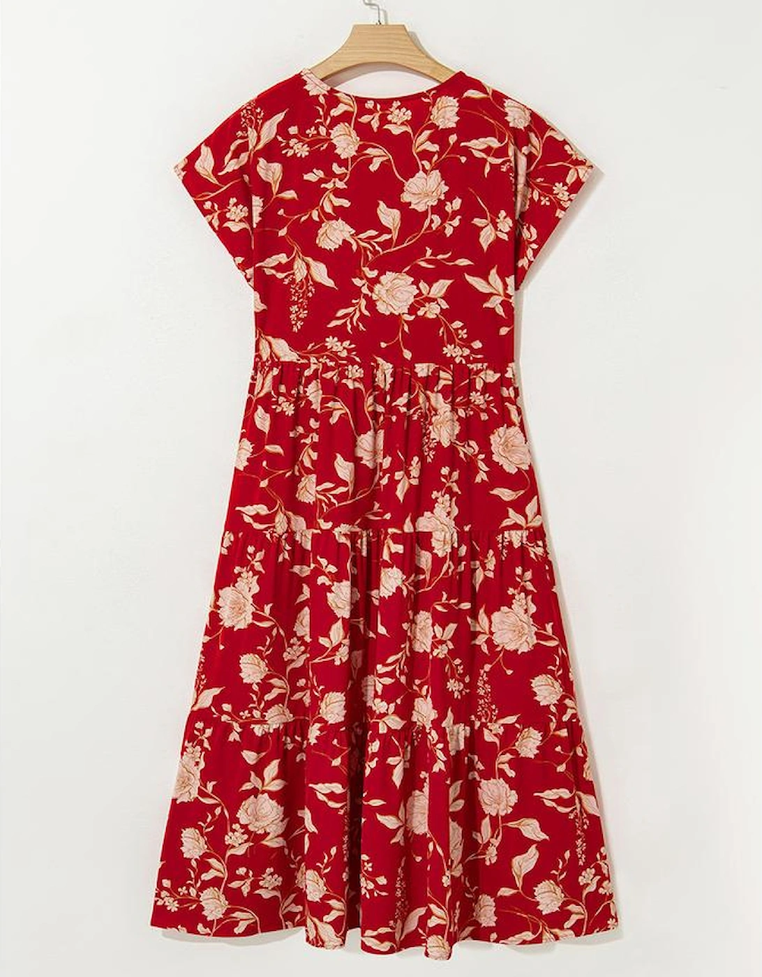 Red Floral Print Buttoned Front V Neck Tiered Short Sleeve Midi Dress