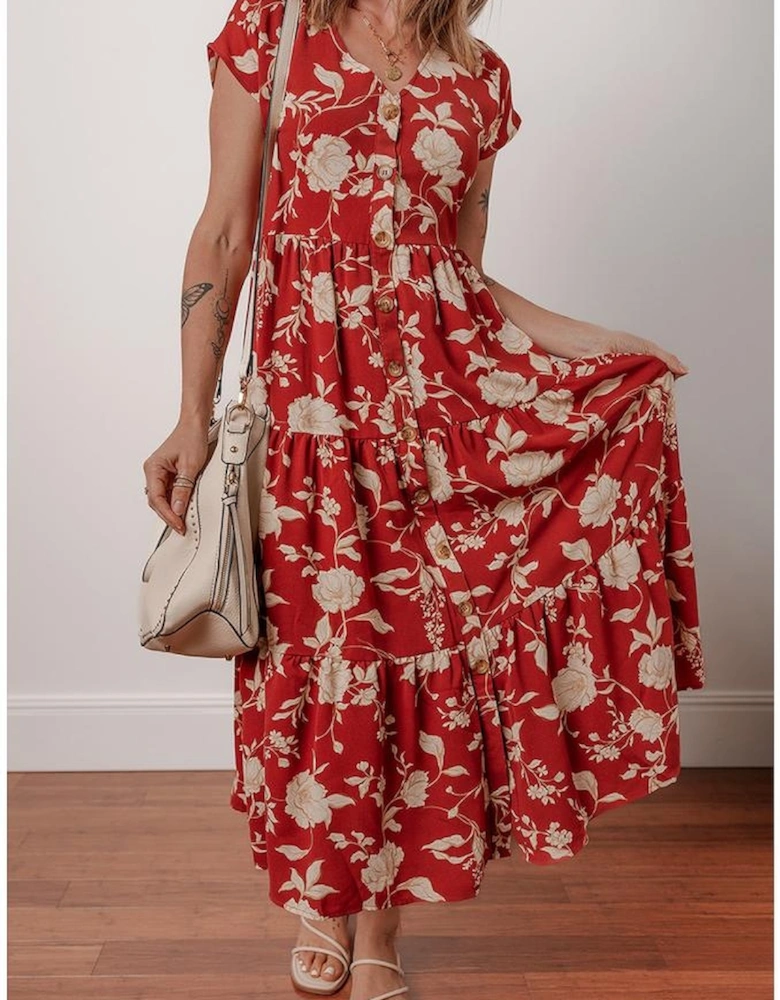 Red Floral Print Buttoned Front V Neck Tiered Short Sleeve Midi Dress