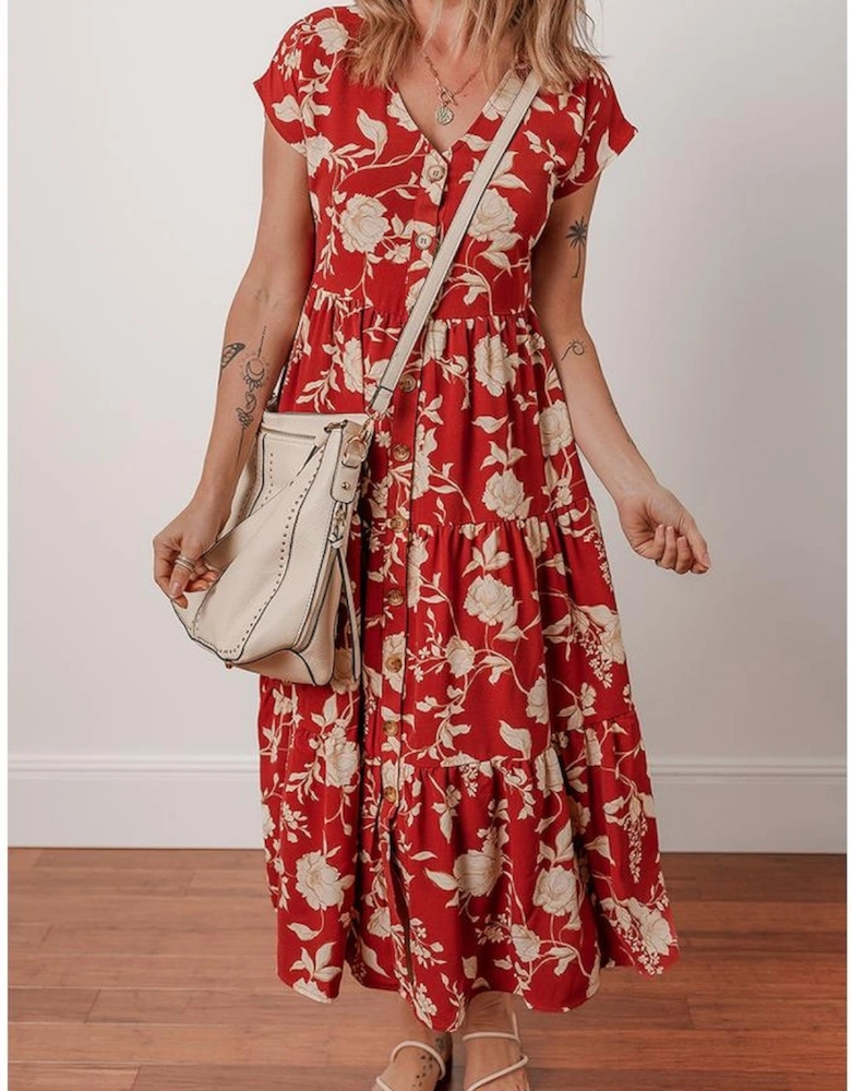 Red Floral Print Buttoned Front V Neck Tiered Short Sleeve Midi Dress