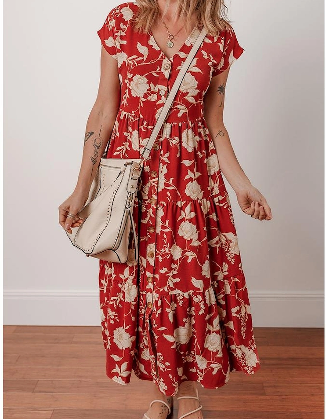 Red Floral Print Buttoned Front V Neck Tiered Short Sleeve Midi Dress