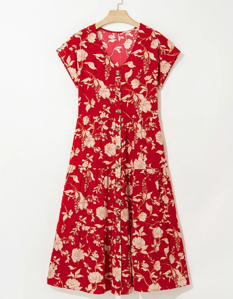 Red Floral Print Buttoned Front V Neck Tiered Short Sleeve Midi Dress
